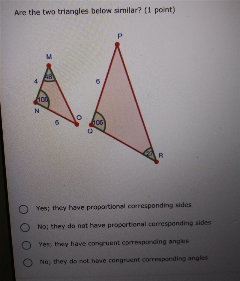 Are the two triangles below similar​-example-1