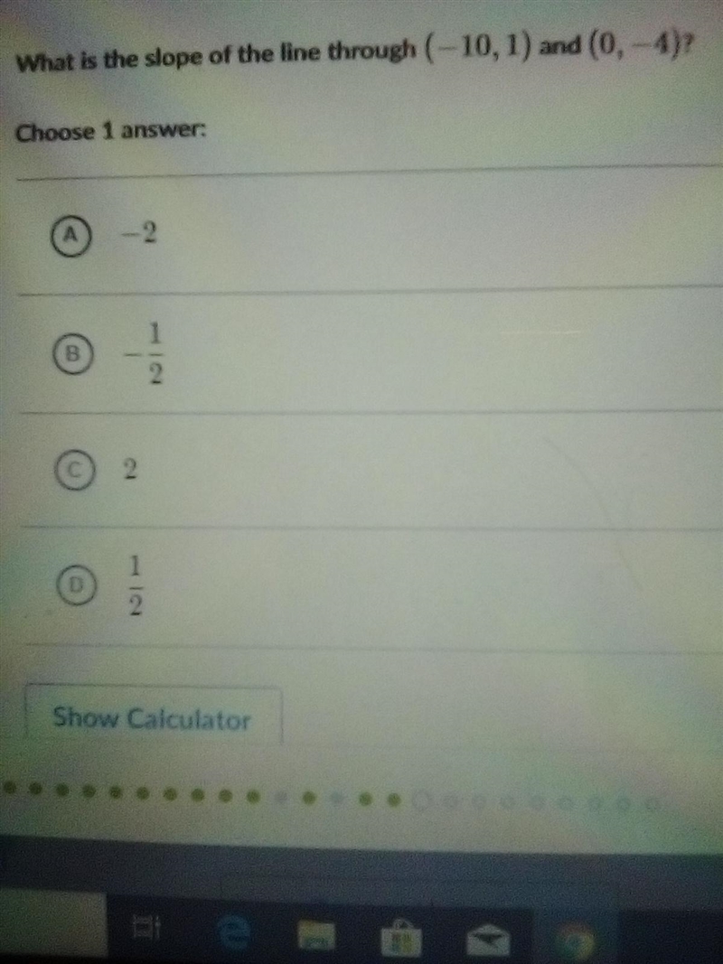 What is the slope of the line through (-10,1) and (0,-4)?-example-1