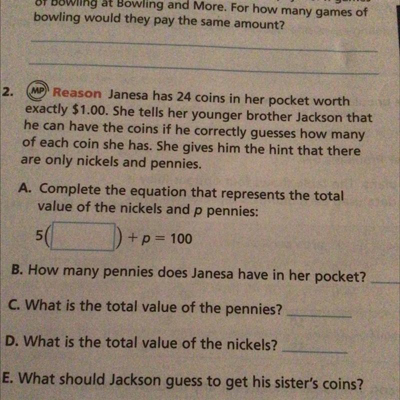 Complete the equation that represents the total value of the nickels and p pennies-example-1