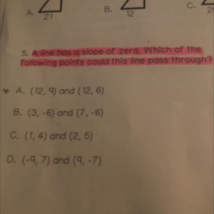 5. A ne has a slope of zero, which of the following points could this line pass through-example-1