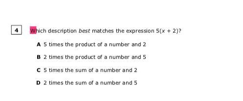 Which description best matches the expression 5(x+2)?-example-1