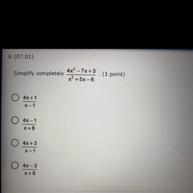 PLEASE HELP Simplify completely 4x2-7x+3/ x2+4x-6-example-1