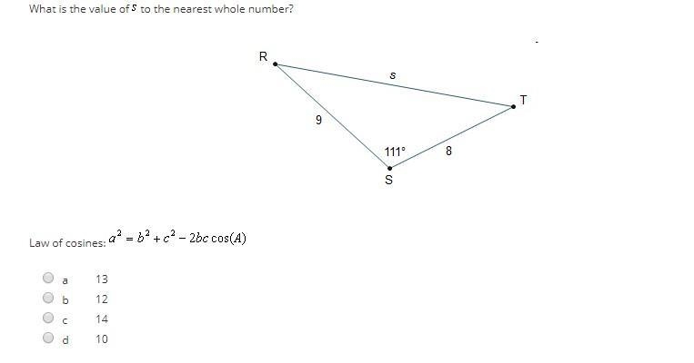 What is the value of s to the nearest whole number? a) 13 b) 12 c) 14 d) 10-example-1