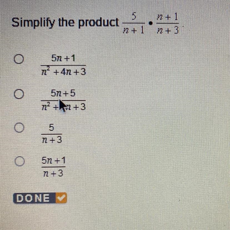 Find the simplified product 5/n+1 x n+1/n+3-example-1