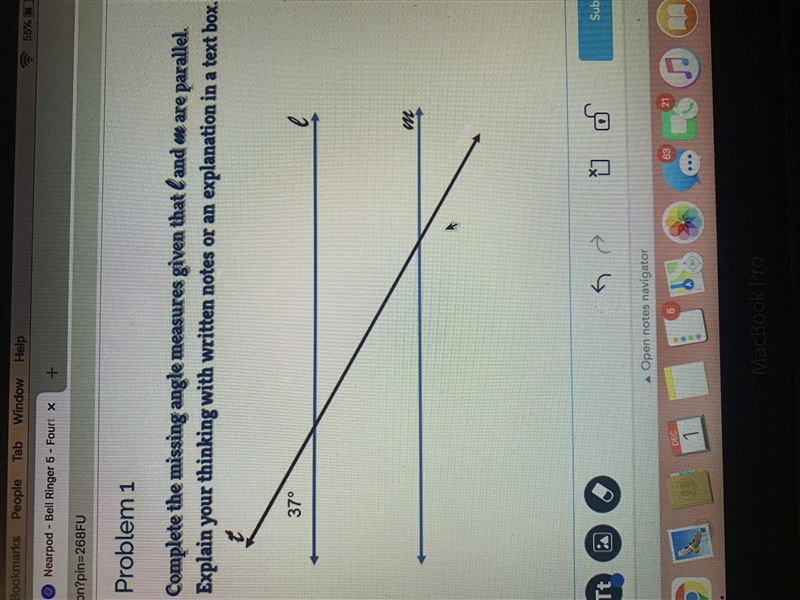 Complete the missing angle measures given that l and m are parallel-example-1