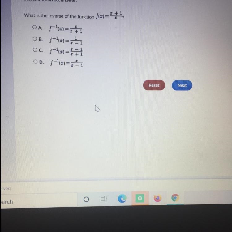 Select the correct answer What is the inverse of the function f(x)=x+1/x-example-1