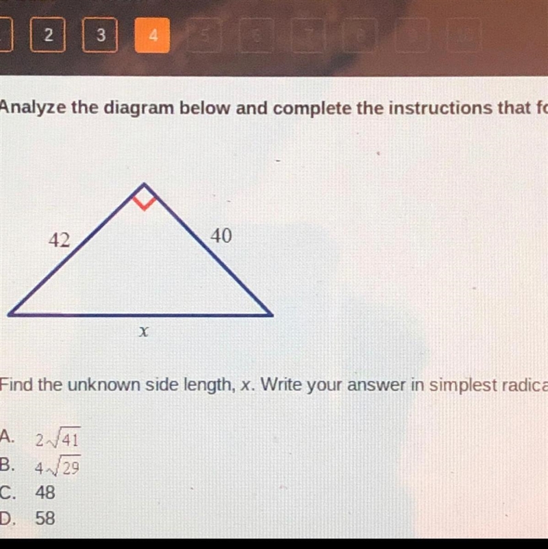 Find the unknown side length, x. Write your answer in simplest radical form.-example-1