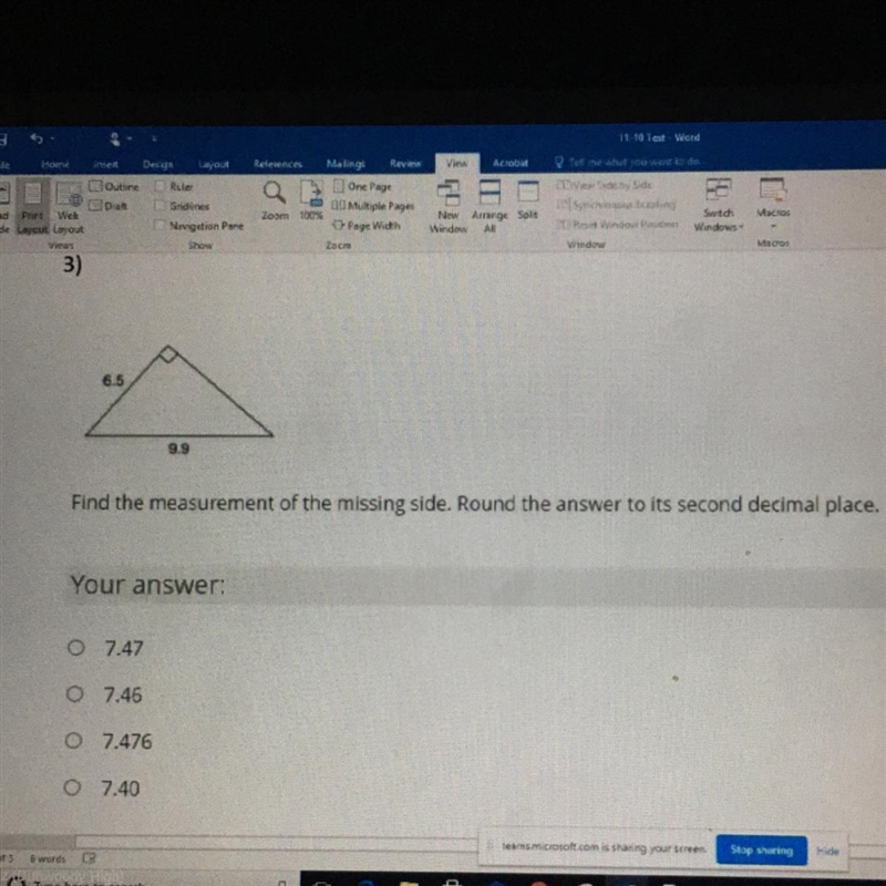 6.5 9.9 Find the measurement of the missing side. Round the answer to its second decimal-example-1