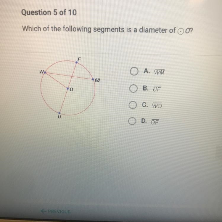 Which of the following segments is a diameter of 0?-example-1