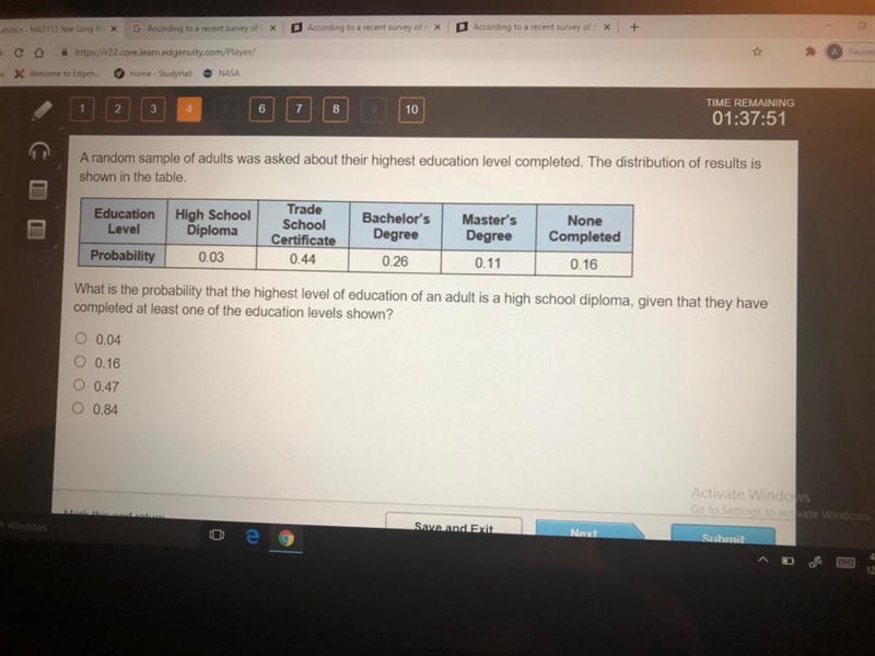 What is the probability that the highest level of education of an adult is a high-example-1