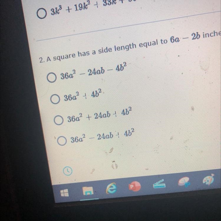 A square has a side length equal to 6a-2b inches. What is the area of this square-example-1