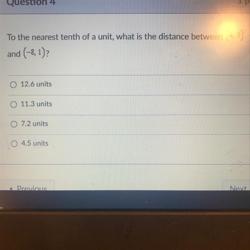 To the nearest tenth of a unit, what is the distance between (4,5) and (-8,1)?-example-1