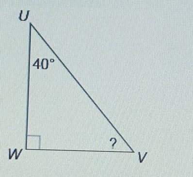 What is the measure of UVW in the triangle shown? A. 140° B. 50° C. 60° D. 10°​-example-1