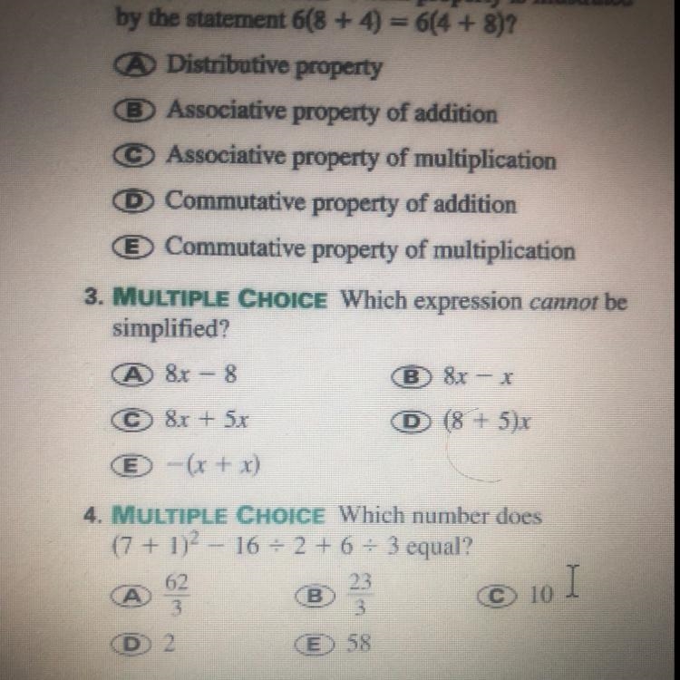 Which expression cannot be simplified? A.8x-8 B.8x-x C.8x+5x D.(8+5)x E.-(x+x) why-example-1