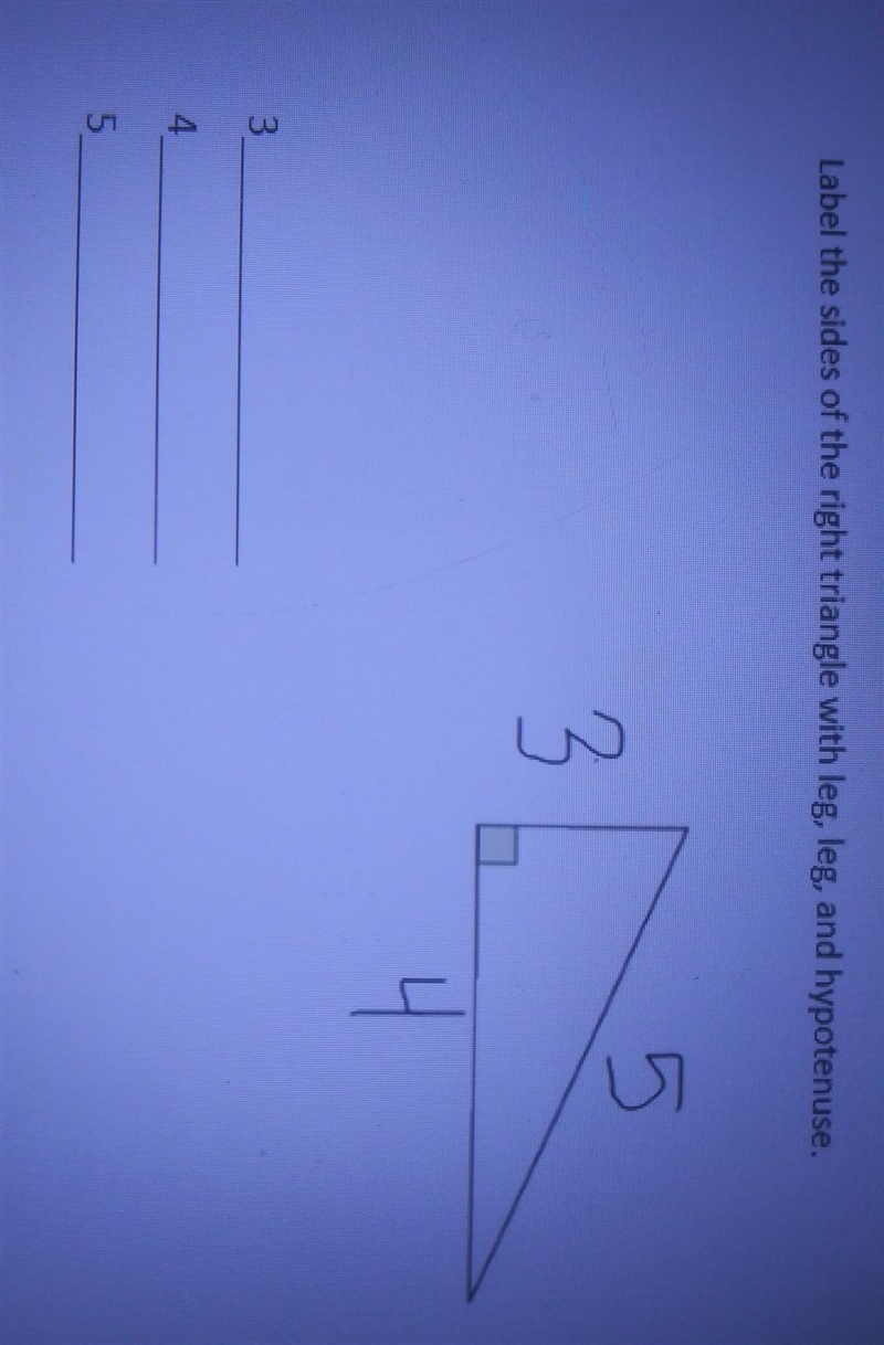 Label the sides of the triangle with leg, leg, and hypotenuse.​-example-1