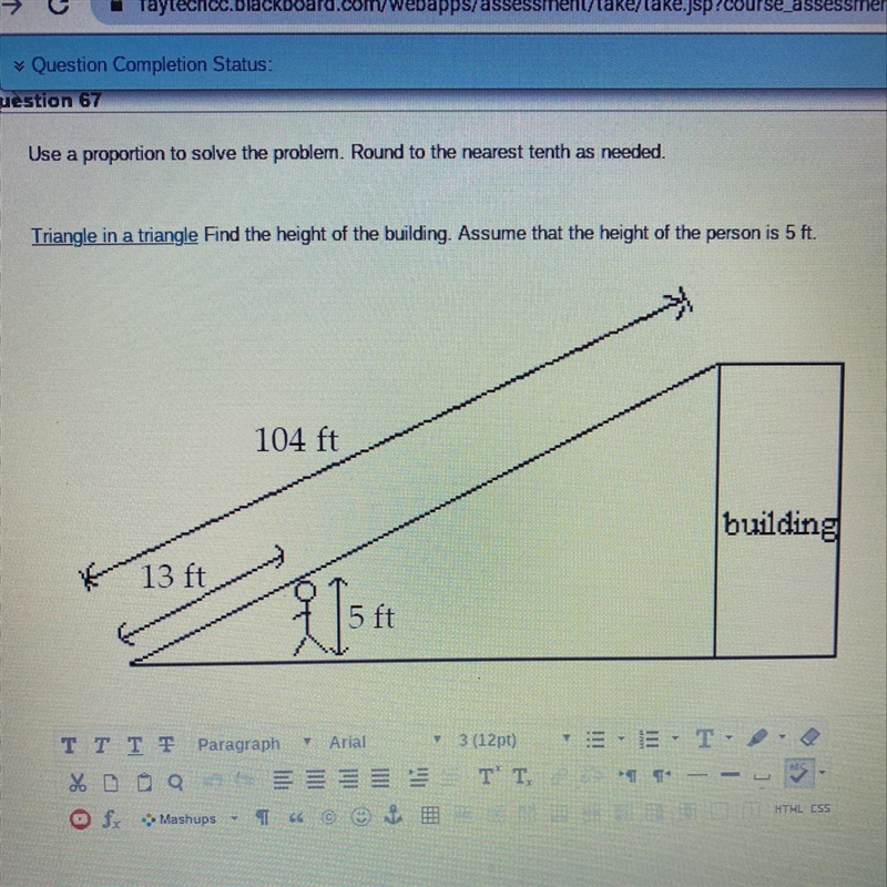 Use a proportion to solve the problem. Round to the nearest tenth as needed. Triangle-example-1