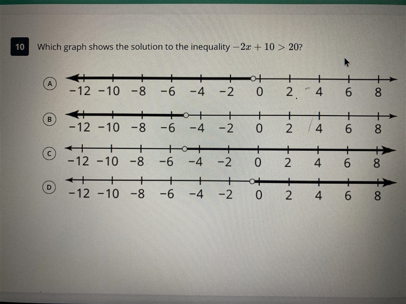 Which graph shows the solution to the inequality -2x+10>20-example-1