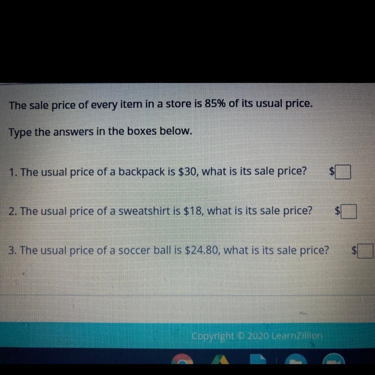 The sale price of every item in a store is 85% of its usual price-example-1