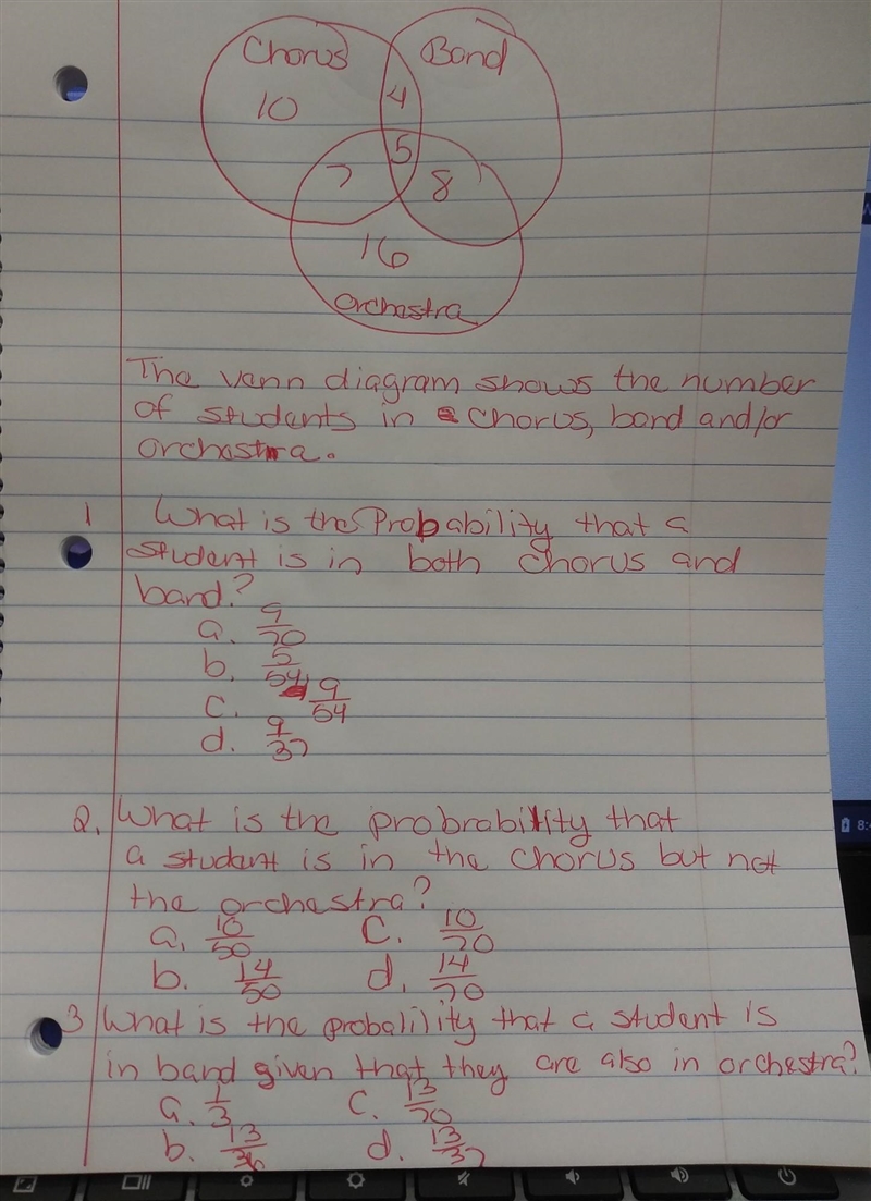 The Venn diagram shows the number of students in a chorus, band, and/or orchestra-example-1