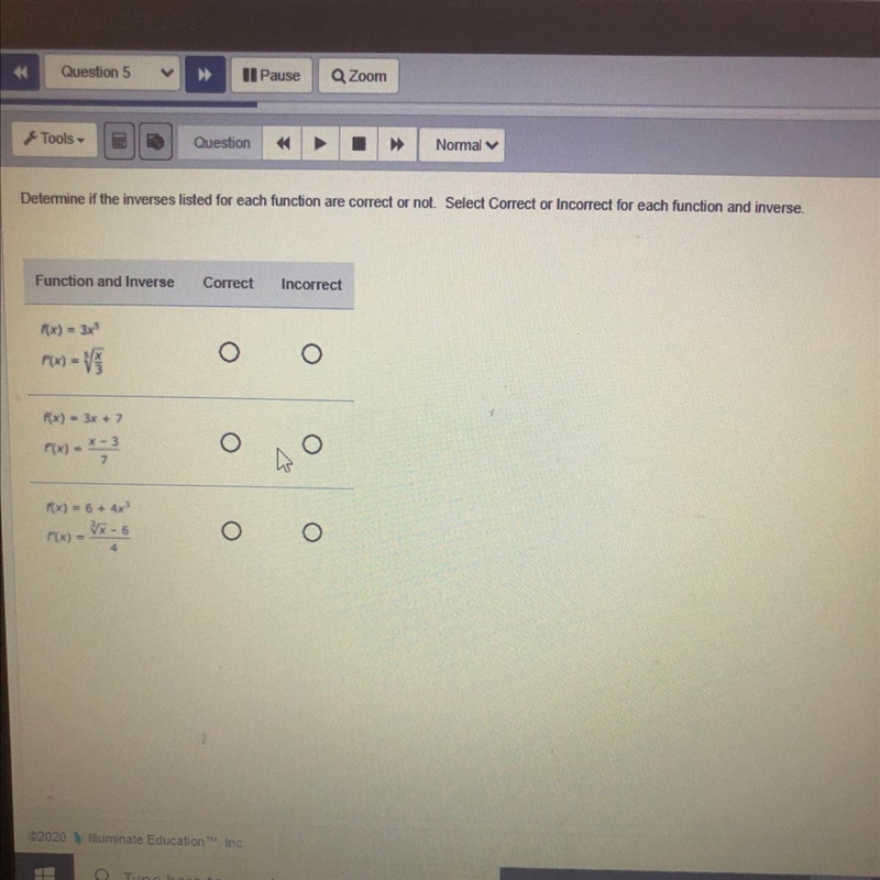 Determine if the inverses listed for each function are correct or not. Select Correct-example-1