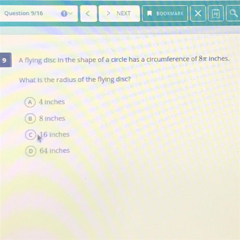 A flying disc in the shape of a circle has a circumference of 8 inches. What is the-example-1