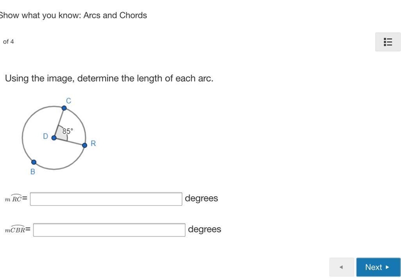 Using the image, determine the length of each arc. m RC= m CBR =-example-1