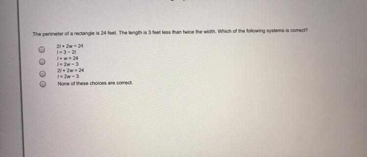 The perimeter of a rectangle is 24 feet. The length is 3 feet less than twice the-example-1