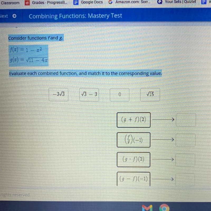 Consider functions f and g Evaluate each combined function, and match it to the corresponding-example-1