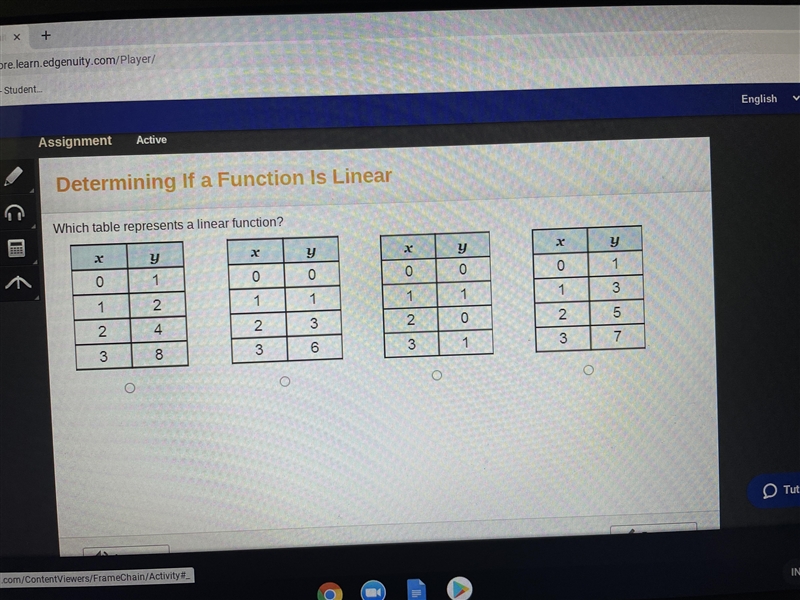 Which table represents a linear function? Please help?-example-1