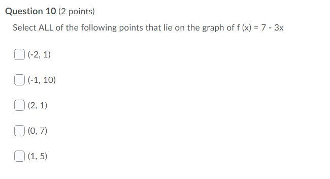 Select ALL of the following points that lie on the graph of f (x) = 7 - 3x-example-1