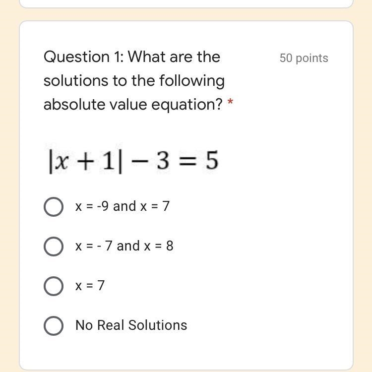 What are the solutions to the following absolute value equation? |x+1|-3=5-example-1