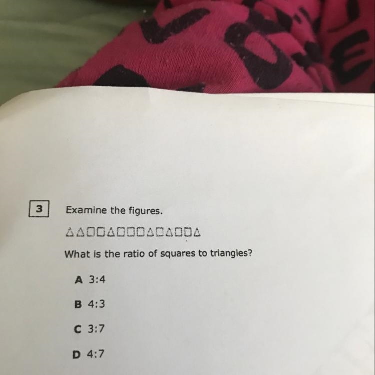 Examine the figures. What is the ratio of squares to triangles?-example-1