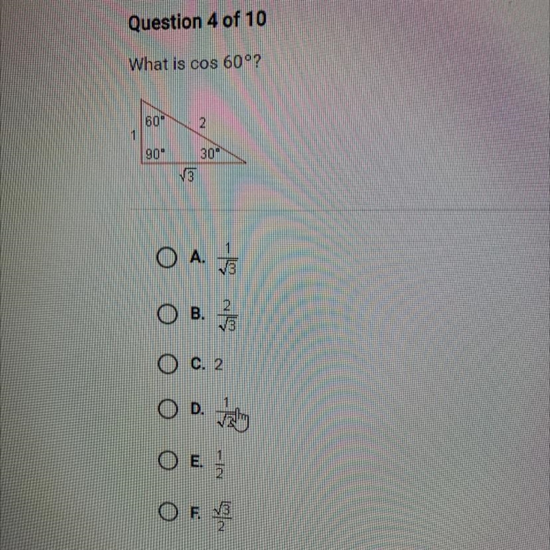 What is cos 60 90 O B. Oc. 2 OD. OE-example-1