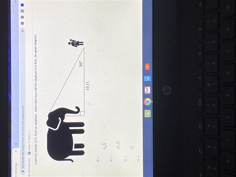 A person stands 15 ft from an elephant. Determine how tall the elephant is in feet-example-1