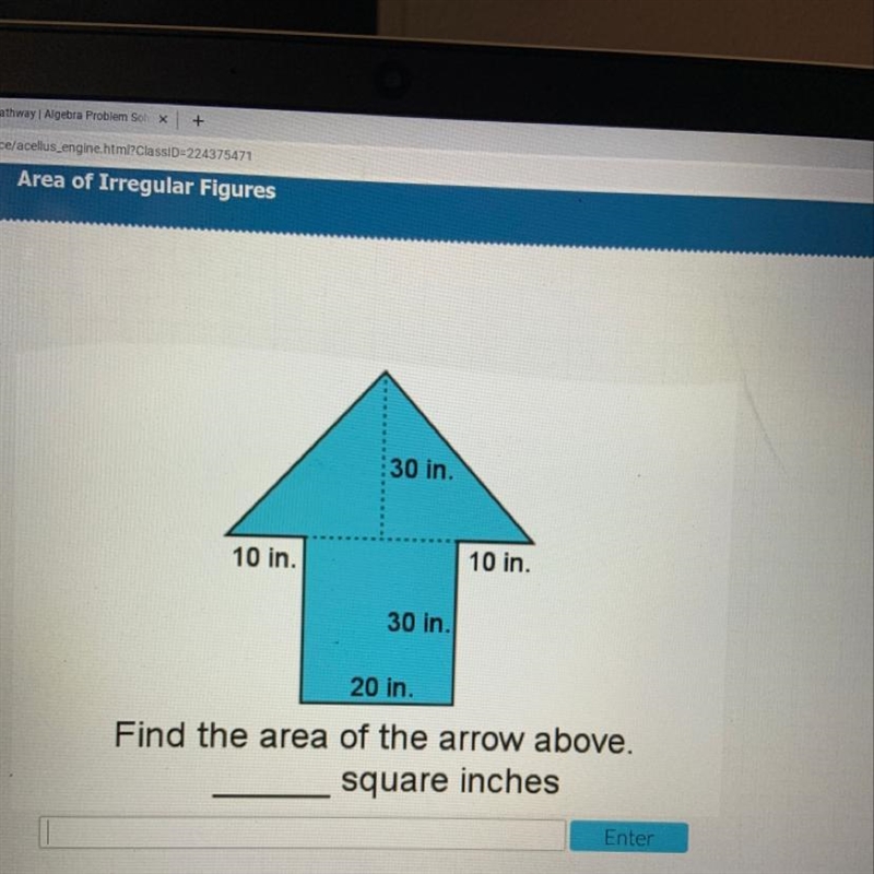 30 in. 10 in. 10 in. 30 in. 20 in. Find the area of the arrow above. square inches-example-1