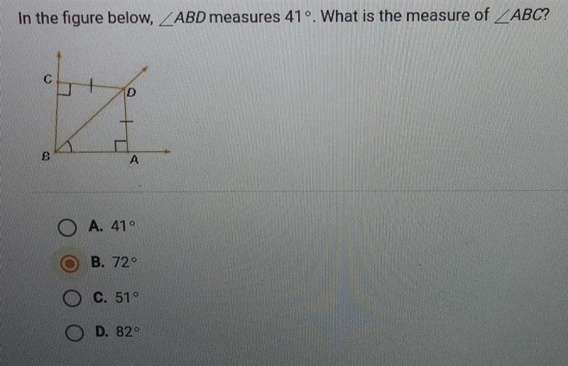 In the figure below, ABD measures 41. What is the measure of ABC?​-example-1