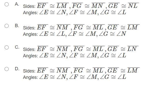 If △EFG ≅ △NML, what are the congruent corresponding parts?-example-1