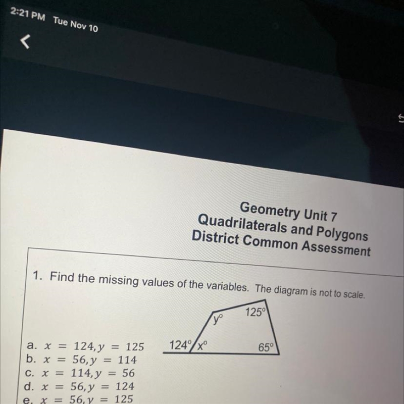 Find the missing values of the variables. The diagram is not to scale. 125° yº 124/x-example-1