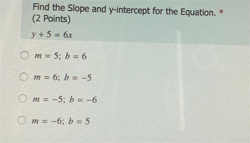 Find the slope and Y intercept for the equation Y+5=6x-example-1