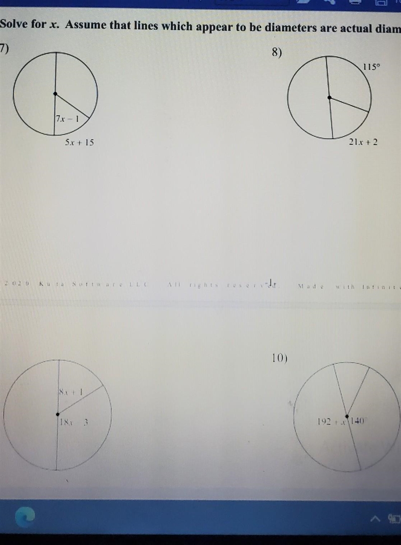 Solve for x. Assume that lines which appear to be diameters are actually diameters-example-1