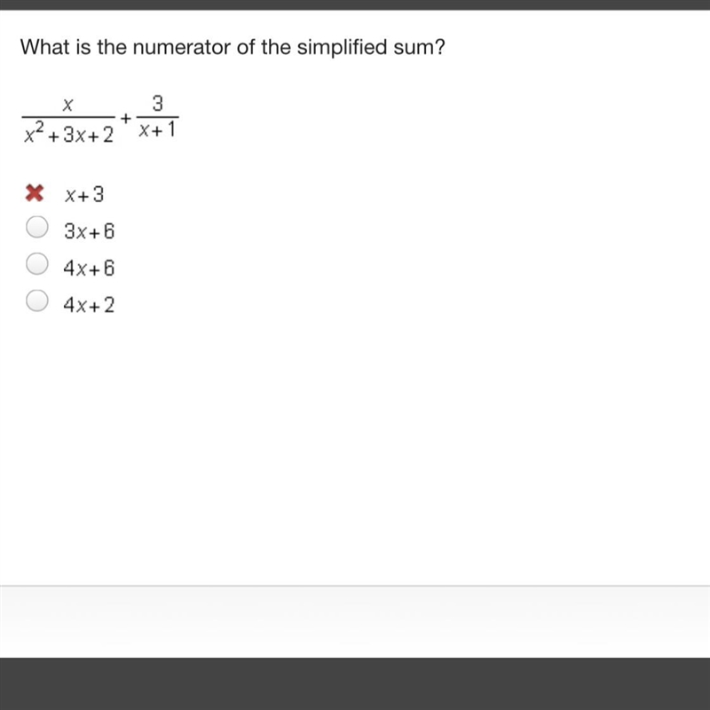 What is the numerator of the simplified sum? StartFraction x Over x squared + 3 x-example-1