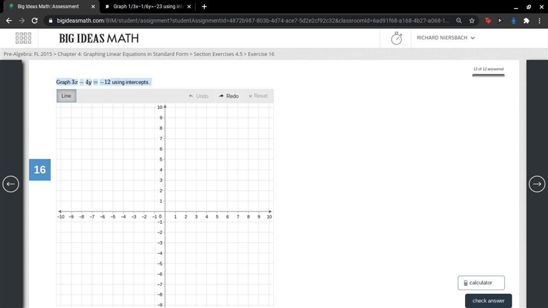 Graph 3x−4y=−12 using intercepts.-example-1