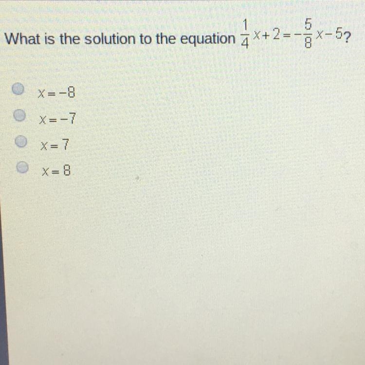 What is the solution to the equation 1/4x+2=-5/8x-5-example-1