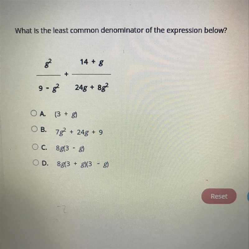 What is the least common denominator of the expression below? g^2 14+g _____ + _____ 9-g-example-1