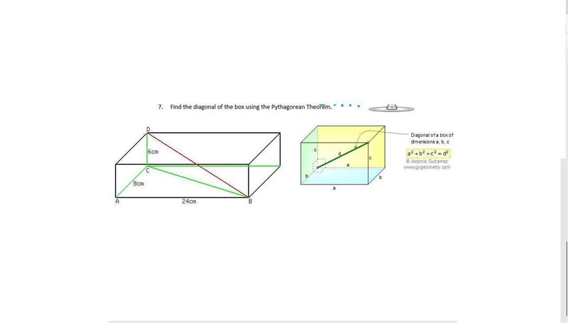 Find the diagonal of the box using the Pythagorean Theorem. PLS HELP ASAP 50 POINTS-example-1