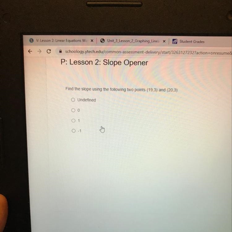 Find the slope using the following two points (19.3) and (20,3)-example-1