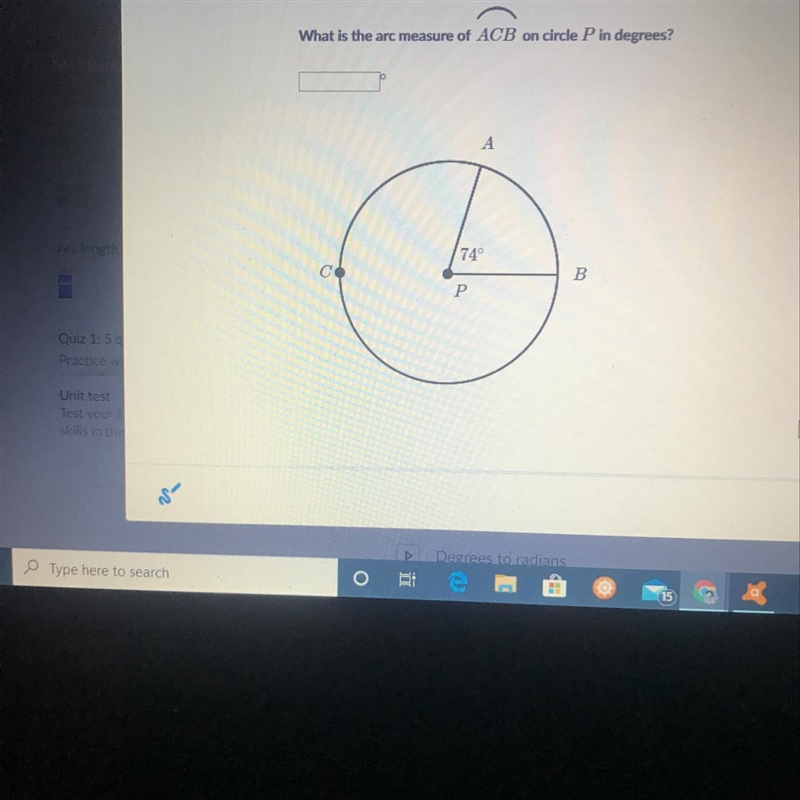 What is the arc measure of ABC in circle P in degrees-example-1