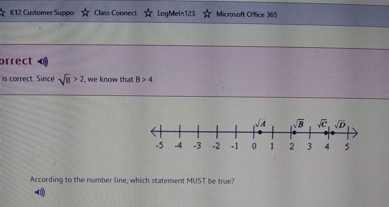 According to the number line, which statement MUST be true? A. A>1 B. B>4 C-example-1