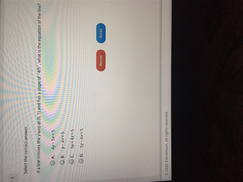 If a line crosses the y-axis at (0,1) and has a slope of 4/5 what is the equation-example-1