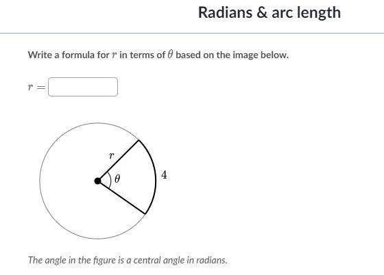 Write a formula for r in terms of 0 based on the image below.-example-1